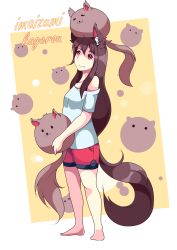 Rule 34 | 1girl, :3, absurdres, adapted costume, animal, animal ears, animal on head, bare shoulders, barefoot, brown hair, casual, character name, hair between eyes, highres, imaizumi kagerou, long hair, looking up, mujib, on head, red eyes, short sleeves, shorts, solo, standing, tail, touhou, wolf ears, wolf tail
