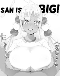 Rule 34 | breasts, cleavage cutout, clothing cutout, dark-skinned female, dark skin, fuwakuyuu, gym uniform, highres, hololive, hololive english, huge breasts, looking at viewer, monochrome, open mouth, paizuri, paizuri under clothes, smile, sparkling eyes, tsukumo sana, twintails, virtual youtuber