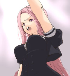 Rule 34 | 1girl, arm at side, arm up, assault lily, black shirt, breasts, buttons, commentary request, cropped jacket, from below, gradient background, grey background, hair ornament, hairclip, kiko totori, long hair, looking ahead, medium breasts, open mouth, outstretched arm, parted bangs, pink eyes, pink hair, puffy short sleeves, puffy sleeves, school uniform, shirt, short sleeves, solo, teeth, underbust, upper body, upper teeth only, urutsu sahari, v-shaped eyebrows, white background, yurigaoka girls academy school uniform