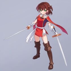 Rule 34 | 1girl, belt, black shirt, bloomers, boots, bracer, brown footwear, brown hair, closed mouth, dual wielding, full body, gloves, green eyes, grey background, hibun tsukasa, holding, holding sword, holding weapon, knee boots, looking at viewer, medium hair, melisandre (unicorn overlord), red tabard, shirt, shorts, side ponytail, simple background, smile, solo, standing, sword, tabard, underwear, unicorn overlord, weapon, white belt, white bloomers, white gloves, white shorts