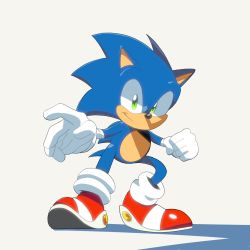 Rule 34 | 1boy, a r q, bandaged arm, bandages, clenched hand, commentary, english commentary, furry, furry male, gloves, green eyes, highres, open hand, red footwear, redesign, shadow, smile, solo, sonic (series), sonic the hedgehog, white background, white gloves