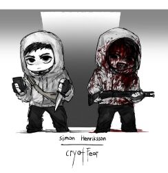 1boy black_eyes black_gloves black_hair black_pants blood blood_on_clothes blood_on_face character_name chibi closed_mouth colored_skin commentary copyright_name cry_of_fear fingerless_gloves full_body gloves goushen0309 gun highres holding holding_gun holding_knife holding_phone holding_weapon hood hood_up hoodie knife looking_at_viewer male_focus open_mouth pants phone short_bangs short_hair shotgun simon_henriksson standing weapon white_background white_hoodie white_skin