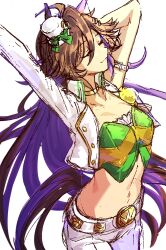 Rule 34 | 1girl, ahoge, animal ears, arm strap, arms up, asymmetrical sleeves, belt, belt buckle, breasts, brown hair, buckle, closed eyes, closed mouth, commentary request, cowboy shot, green shirt, hat, highres, horse ears, horse girl, horse tail, jacket, jagaimobeniko, long hair, long sleeves, medium breasts, mini hat, mini top hat, mr. c.b. (umamusume), navel, open clothes, open jacket, pants, shirt, simple background, smile, solo, strapless, strapless shirt, tail, top hat, umamusume, very long hair, white background, white belt, white jacket, white pants