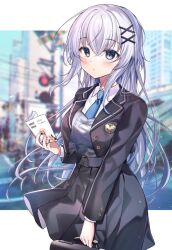 Rule 34 | 1girl, black jacket, black skirt, blazer, blue eyes, blurry, blurry background, blush, briefcase, closed mouth, collared shirt, commentary request, cropped jacket, depth of field, grey hair, grey vest, gyozanuko, hair between eyes, hair ornament, holding, jacket, long hair, looking at viewer, original, pleated skirt, school briefcase, shirt, skirt, solo, very long hair, vest, white shirt, x hair ornament