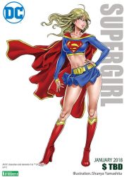 Rule 34 | 1girl, belt, blonde hair, boots, breasts, cape, dc comics, full body, hand on own hip, kotobukiya, long hair, looking away, midriff, skirt, supergirl, superhero costume, thighs, yamashita shun&#039;ya