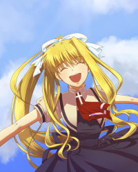 Rule 34 | 00s, air (visual novel), blonde hair, closed eyes, kamio misuzu, kiev (live drive), long hair, outstretched arms, ponytail, school uniform, smile, solo, spread arms