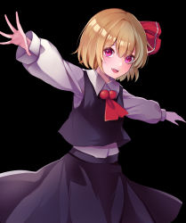 Rule 34 | 1girl, :d, absurdres, ascot, beads, black background, black skirt, black vest, blonde hair, collared shirt, cowboy shot, flat chest, hair between eyes, hair intakes, hair ribbon, highres, koizumo, light blush, long sleeves, looking at viewer, open mouth, outstretched arms, pink eyes, red ascot, red ribbon, ribbon, rumia, shirt, short hair, simple background, skirt, skirt set, smile, solo, standing, teeth, touhou, upper teeth only, vest, white shirt, wing collar