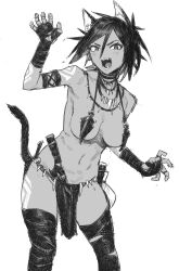 Rule 34 | 1girl, animal ears, artist request, cat ears, cat girl, cat tail, fangs, greyscale, hand wraps, highres, jewelry, knife, loincloth, monochrome, necklace, oobadouzu, open mouth, short hair, sketch, tagme, tail, tattoo, topless, tribal, white background