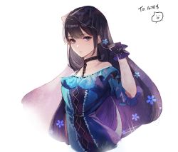 Rule 34 | 1girl, arm at side, bad id, bad pixiv id, bare shoulders, black choker, black hair, blue dress, breasts, choker, closed mouth, cropped torso, dress, expressionless, frilled dress, frills, halterneck, hand up, kim eb, long hair, looking at viewer, off-shoulder dress, off shoulder, original, purple eyes, purple scrunchie, scrunchie, see-through, short sleeves, sidelocks, simple background, small breasts, solo, veil, white background, wrist scrunchie