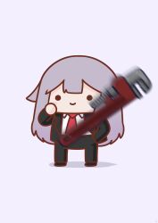 Rule 34 | 1girl, absurdres, agent 47, agent 47 (cosplay), black footwear, black jacket, black pants, blazer, blush stickers, chibi, collared shirt, cosplay, dress pants, dress shirt, eminem throwing a fat rat (meme), formal, full body, hair flaps, hand in pocket, highres, hitman (game), hololive, hololive english, jacket, koseki bijou, lavender background, long hair, looking at viewer, meme, motion blur, necktie, pants, phdpigeon, purple hair, red necktie, shadow, shirt, simple background, smile, solid circle eyes, solo, standing, suit, throwing, virtual youtuber, white shirt, wrench
