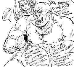 Rule 34 | 1boy, 1girl, arrow (projectile), bb (baalbuddy), bow (weapon), cellphone, closed mouth, earrings, elf, english text, fangs, gacha, greyscale, highres, holding, holding phone, jewelry, monochrome, nose piercing, nose ring, open mouth, orc, original, otaku, parody, phone, piercing, pointy ears, quiver, sigh, smartphone, weapon