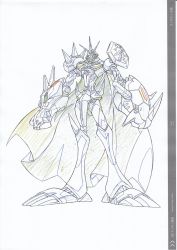 Rule 34 | 1boy, armor, cape, character sheet, digimon, digimon (creature), digimon adventure tri., full armor, full body, highres, mecha, monochrome, no humans, official art, omegamon, robot, simple background, solo, standing, translation request, white background
