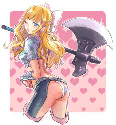 Rule 34 | 1girl, armor, ass, axe, black legwear, blonde hair, blue eyes, bow, breastplate, breasts, charlotte (fire emblem), cowboy shot, fire emblem, fire emblem fates, gauntlets, glint, hair bow, hashiko (neleven), heart, heart background, long hair, looking at viewer, looking back, medium breasts, midriff, nintendo, one eye closed, over shoulder, panties, pink background, puckered lips, sketch, solo, twitter username, underwear, weapon, weapon over shoulder, white panties