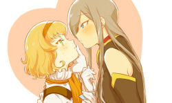 Rule 34 | 00s, 2girls, ascot, blonde hair, blue eyes, brown hair, detached sleeves, eye contact, gloves, green eyes, hand on another&#039;s face, heart, heart background, imminent kiss, long hair, looking at another, multiple girls, natalia luzu kimlasca lanvaldear, orange ascot, short hair, tales of (series), tales of the abyss, tear grants, urayasuura, yuri