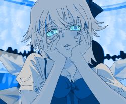 Rule 34 | 1girl, blue eyes, blue hair, blue theme, cirno, female focus, gasai yuno, hands on own cheeks, hands on own face, ice, ice wings, kingofgets, looking at viewer, matching hair/eyes, mirai nikki, monochrome, parody, solo, touhou, wings, yandere, yandere trance