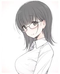 Rule 34 | 1girl, 3:, bad id, bad pixiv id, black hair, breasts, brown eyes, closed mouth, flying sweatdrops, from side, glasses, grey background, large breasts, looking at viewer, nekoume, original, simple background, sketch, solo, upper body