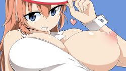 Rule 34 | 1girl, blue eyes, breasts, charlotte e. yeager, close-up, grin, hat, highres, large breasts, long hair, looking at viewer, nipples, one breast out, orange hair, smile, solo, strike witches, toudori, world witches series, wrist cuffs