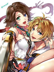 Rule 34 | 00s, 1boy, 1girl, :d, aiming, beads, blonde hair, blue eyes, breasts, brown hair, carrying, cleavage, earrings, final fantasy, final fantasy x, final fantasy x-2, green eyes, gun, hetero, heterochromia, jewelry, looking at viewer, open mouth, shiny skin, short hair, smile, tama (tmfy5), tidus, twitter username, weapon, white background, yuna, yuna (ff10)