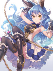 Rule 34 | 10s, 1girl, animal ears, bad id, bad pixiv id, black gloves, black thighhighs, blue hair, boots, breasts, erune, ferry (granblue fantasy), gloves, granblue fantasy, highres, kuze kaname, long hair, looking at viewer, sideboob, smile, solo, thighhighs, weapon, yellow eyes