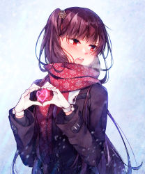 Rule 34 | 1girl, blue background, blush, commentary, embarrassed, enpera, fringe trim, girls&#039; frontline, gloves, gradient background, hair ornament, heart, heart hands, highres, jacket, jewelry, long hair, long sleeves, looking away, looking to the side, necklace, official alternate costume, open mouth, purple hair, purple jacket, red eyes, red neckwear, red scarf, scarf, side ponytail, snowflake hair ornament, snowflake print, snowing, solo, teeth, upper body, upper teeth only, v-shaped eyebrows, very long hair, wa2000 (date in the snow) (girls&#039; frontline), wa2000 (girls&#039; frontline), white gloves, yun (outsidey)