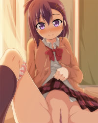 Rule 34 | 10s, 1girl, black hair, blush, breasts, censored, clothes lift, gabriel dropout, kneehighs, looking at viewer, mosaic censoring, panties, panties around leg, pink panties, purple eyes, pussy, shirai momota, short hair, skirt, skirt lift, small breasts, smile, socks, solo, spread legs, striped clothes, striped panties, underwear, vignette tsukinose april