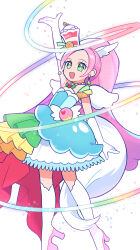 Rule 34 | 1girl, absurdres, animal ears, arm up, bare shoulders, berry, boots, choker, commentary request, cure parfait, dress, earrings, elbow gloves, food, food-themed hair ornament, fruit, gloves, hair ornament, headband, highres, horse ears, jewelry, kirakira precure a la mode, kiwi (fruit), leaf, lemon, long hair, looking at viewer, open mouth, orange (fruit), parfait, pearl choker, pearl earrings, pink hair, ponytail, precure, simple background, strapless, strapless dress, tail, tiptoes, turquoise dress, user vpzk3237, white background, white footwear, white gloves, white tail, white wings, wings