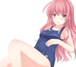 Rule 34 | 1girl, bad id, bad pixiv id, blush, breasts, highres, long hair, looking at viewer, medium breasts, mizunashi kenichi, one-piece swimsuit, pink hair, school swimsuit, simple background, solo, swimsuit, white background