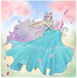 Rule 34 | 1girl, blue dress, blue sky, border, breasts, cherry blossoms, cleavage, commentary request, curly hair, dragon quest, dragon quest v, dress, closed eyes, flute, hair ribbon, hatori naruyoshi, holding, holding instrument, instrument, long dress, long hair, medium breasts, music, petals, playing instrument, pointy ears, powan, purple hair, ribbon, sky, solo, tiara, tree, very long hair, white border