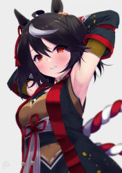 Rule 34 | 1girl, ahoge, animal ears, armpits, arms up, ashino moto, black hair, breasts, cleavage, commentary request, detached sleeves, grin, highres, horse ears, kitasan black (umamusume), looking at viewer, medium breasts, red eyes, short hair, simple background, smile, solo, umamusume