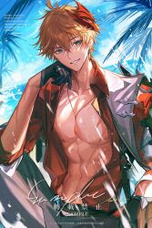 Rule 34 | 1boy, abs, artist name, beach, black gloves, blue eyes, blue sky, collared shirt, day, earrings, genshin impact, gloves, hair between eyes, highres, jewelry, male focus, muscular, muscular male, necklace, nipples, ocean, open clothes, orange hair, outdoors, palm tree, pectorals, red mask, red shirt, scar, scar on chest, shirt, short hair, single earring, sky, sleeves rolled up, smile, solo, tartaglia (genshin impact), tianxiaoye ansel.s, tree, water, watermark, wet