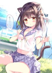 Rule 34 | 1girl, :o, absurdres, animal ears, azumi kazuki, black socks, blurry, blurry background, blush, bow, breasts, brown eyes, brown hair, cat day, cat ears, cat girl, cat tail, cattail, claw pose, commentary request, day, depth of field, flying sweatdrops, hair between eyes, hair bow, hair intakes, highres, looking at viewer, on grass, original, outdoors, parted lips, plant, purple sailor collar, purple skirt, sailor collar, see-through, shirt, short sleeves, sitting, skirt, small breasts, socks, solo, striped, striped bow, sweat, tail, translation request, two side up, wariza, wet, wet clothes, wet shirt, white bow, white shirt
