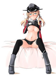 Rule 34 | 10s, 1girl, anchor hair ornament, aqua eyes, bed, black ribbon, black skirt, black thighhighs, blonde hair, blush, boots, breast slip, breasts, clothes lift, cross, gloves, grey footwear, hair between eyes, hair ornament, hat, heart, heavy breathing, highres, iron cross, jacket, kaminagi (kaminagi-tei), kantai collection, large breasts, long hair, long sleeves, looking at viewer, military, military uniform, miniskirt, navel, nipples, no bra, no panties, on bed, panties, panties around leg, peaked cap, pleated skirt, prinz eugen (kancolle), pussy, pussy juice, ribbon, shirt lift, simple background, sitting, skirt, smile, solo, steam, thighhighs, twintails, uncensored, underwear, uniform, upskirt, white background, white gloves, white panties
