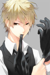 Rule 34 | 1boy, adjusting clothes, adjusting gloves, ane (artist), bad id, bad pixiv id, biting, blonde hair, brown eyes, clothes, durarara!!, gloves, heiwajima shizuo, male focus, mouth hold, solo, yellow eyes