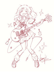 Rule 34 | 1girl, bare arms, bocchi the rock!, bow, bowtie, cable, chinese commentary, closed eyes, commentary request, di&#039;er bei mianfei ge, dot nose, electric guitar, full body, guitar, highres, holding, holding guitar, holding instrument, holding microphone, instrument, kita ikuyo, knees, leg warmers, light blush, long hair, microphone, miniskirt, music, one side up, open mouth, pleated skirt, red theme, sailor collar, school uniform, shirt, shoes, short sleeves, shuka high school uniform, signature, simple background, singing, skirt, smile, solo, sparkle, standing, uwabaki, white background