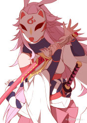 1girl absurdres animal_ears bare_shoulders fox_ears fox_mask highres holding holding_sword holding_weapon honkai_(series) honkai_impact_3rd japanese_clothes katana long_hair mask pink_hair pink_skirt qingxiao_kiyokiyo sheath sheathed simple_background skirt solo sword weapon white_background yae_sakura yae_sakura_(gyakushinn_miko)