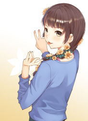 Rule 34 | 1girl, blush, braid, braided ponytail, brown eyes, brown hair, female focus, flower, from behind, gradient background, hair flower, hair ornament, hair over shoulder, long hair, looking back, original, plant, simple background, single braid, solo, tongue, upper body, v, yamamoto shima