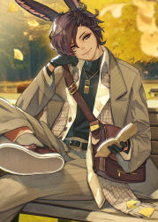 Rule 34 | 1boy, absurdres, animal ears, bag, belt, black gloves, book, brown eyes, brown hair, earrings, final fantasy, final fantasy xiv, gloves, hand on own cheek, hand on own face, head rest, hide (hideout), highres, jacket, jewelry, open book, open clothes, open jacket, outdoors, pendant, rabbit ears, satchel, short hair, sitting, solo, viera, warrior of light (ff14)