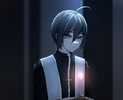 Rule 34 | 1boy, ahoge, alternate costume, black background, brown eyes, candle, cross, cross necklace, danganronpa (series), danganronpa v3: killing harmony, grey background, hair between eyes, holding, holding candle, jewelry, long sleeves, looking at viewer, male focus, necklace, priest, saihara shuichi, short hair, skyo110, solo, upper body