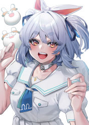 Rule 34 | 1girl, :d, absurdres, animal ears, blue hair, blue ribbon, blush, choker, hair ribbon, highres, hololive, looking at viewer, mikan (chipstar182), neckerchief, official alternate costume, open mouth, pleated skirt, puffy short sleeves, puffy sleeves, rabbit-shaped pupils, rabbit ears, red eyes, red neckerchief, ribbon, sailor collar, shirt, short eyebrows, short sleeves, simple background, skirt, smile, solo, symbol-shaped pupils, teeth, thick eyebrows, tied ears, two side up, upper teeth only, usada pekora, usada pekora (casual), virtual youtuber, white background, white choker, white sailor collar, white shirt, white skirt