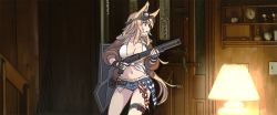 Rule 34 | 1girl, animal ears, blonde hair, blue eyes, blue shorts, breasts, brown jacket, cleavage, collarbone, collared shirt, commentary request, cutoffs, denim, desk lamp, dog ears, dress shirt, girls&#039; frontline, goggles, goggles on head, gun, halloween (movie), holding, holding gun, holding weapon, indoors, jacket, lamp, large breasts, long hair, long sleeves, m500 (girls&#039; frontline), midriff, mossberg 500, navel, open clothes, open jacket, parody, pump action, scene reference, shield, shirt, short shorts, shorts, shotgun, shotgun shell, solo, sweat, tab (tabkun), thigh strap, tied shirt, weapon, white shirt