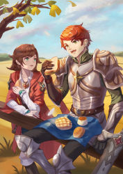 Rule 34 | 1boy, 1girl, absurdres, aqua eyes, armor, black gloves, boots, bread, brown hair, day, elbow gloves, food, gloves, greaves, green eyes, hand up, highres, knee boots, long sleeves, looking at another, melon bread, miantiao135, outdoors, red hair, sandwich, short hair, sitting, standing, sword, tree, weapon
