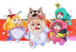 Rule 34 | 4girls, absurdres, animal costume, animal ear fluff, animal ears, beleven, blonde hair, blue eyes, brown eyes, brown hair, coyote (kemono friends), fall guys, go! go! nippon!, go! go! nippon! live with you!, go! go! nippon! ~my first trip to japan~, green eyes, highres, kemono friends, kemono friends v project, long hair, looking at viewer, mai princess, microphone, milky queen, misaki akira, misaki makoto (go! go! nippon!), multiple girls, open mouth, parody, short hair, smile, tail, virtual youtuber, yellow eyes