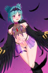 Rule 34 | 1girl, absurdres, black feathers, black wings, blush, breasts, chest jewel, claws, dark persona, eploov, facial tattoo, fang, feathered wings, feathers, green hair, harpy, heart, heart-shaped pupils, highres, indie virtual youtuber, lincoro, monster girl, navel, nipples, o-ring, o-ring bottom, o-ring panties, open mouth, panties, pointy ears, pubic tattoo, pussy juice, red eyes, see-through, short hair, short twintails, small breasts, solo, stomach tattoo, symbol-shaped pupils, tattoo, thighlet, tiara, twintails, underwear, virtual youtuber, winged arms, wings