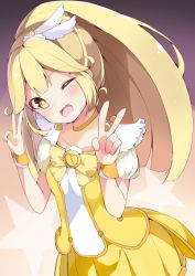 Rule 34 | 10s, 1girl, blonde hair, bow, chikuwa., choker, cure peace, double v, hair flaps, kise yayoi, long hair, magical girl, one eye closed, open mouth, precure, skirt, smile, smile precure!, solo, v, wrist cuffs, yellow bow, yellow eyes, yellow skirt, yellow theme