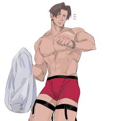 Rule 34 | 1boy, ace attorney, alternate pectoral size, bara, blush, boxers, bulge, commentary request, cropped torso, embarrassed, feet out of frame, green (grimy), legwear garter, light brown hair, looking at viewer, male focus, male underwear, miles edgeworth, muscular, muscular male, parted bangs, red male underwear, unworn shirt, short hair, sideburns, solo, thick thighs, thighs, topless male, underwear, white background