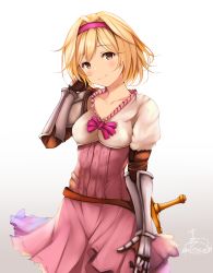 Rule 34 | 1girl, armor, belt, blonde hair, blush, bow, bowtie, breasts, brown gloves, cleavage, closed mouth, collarbone, cowboy shot, djeeta (granblue fantasy), dress, elbow gloves, fighter (granblue fantasy), frills, gauntlets, gloves, gradient background, granblue fantasy, hair intakes, hand up, head tilt, highres, looking at viewer, pauldrons, pink dress, purple bow, purple bowtie, red eyes, short hair, short sleeves, shoulder armor, signature, simple background, small breasts, smile, solo, suzume (simple0091), sword, weapon, weapon on back, white background, wind