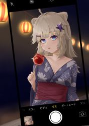 Rule 34 | 1girl, aa-12 (girls&#039; frontline), absurdres, ahoge, alternate costume, bare shoulders, blonde hair, blue eyes, blush, breasts, candy, candy apple, cleavage, closed mouth, codename696, collarbone, commentary, double bun, food, girls&#039; frontline, green nails, hair bun, hair ornament, highres, holding, holding candy, holding food, japanese clothes, kimono, licking lips, long hair, looking at viewer, medium breasts, nail polish, purple kimono, selfie, simple background, solo, standing, star (symbol), star hair ornament, tongue, tongue out, upper body, yellow nails, yukata