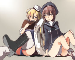 Rule 34 | 10s, 2girls, ahoge, blonde hair, blue eyes, book, boots, brown eyes, brown hair, clothes writing, cross-laced footwear, hat, holding, holding book, i-8 (kancolle), kantai collection, lace-up boots, long hair, long sleeves, military, military uniform, multiple girls, name tag, one-piece swimsuit, oomori (kswmr), panties, sailor collar, sailor hat, school swimsuit, short hair, sitting, swimsuit, thighhighs, underwear, uniform, white panties, z3 max schultz (kancolle)