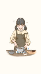 Rule 34 | 1girl, absurdres, apron, black hair, blush, bowl, chocolate, chocolate making, cooking, cutting board, grey eyes, hair ornament, hairclip, highres, key (kagibangou), knife, long hair, mixing bowl, musical note, original, simple background, smile, solo, strap slip, twintails, whisk, white background