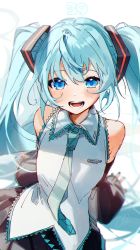 Rule 34 | 1girl, :d, arms behind back, bare shoulders, black skirt, blue eyes, blue hair, blue necktie, blurry, blush, character name, depth of field, detached sleeves, gotou (nekocat), hair between eyes, happy, hatsune miku, highres, long hair, long sleeves, looking at viewer, nail polish, necktie, open mouth, pleated skirt, shirt, simple background, skirt, sleeveless, sleeveless shirt, sleeves past wrists, smile, solo, teeth, twintails, upper body, very long hair, vocaloid, white background, white shirt, wide sleeves, wing collar